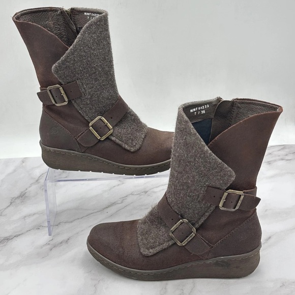 Born Boots Womens Size 7 Brown Leather Wedge Biker Mid Calf Buckle Zip F59106 - Picture 2 of 14